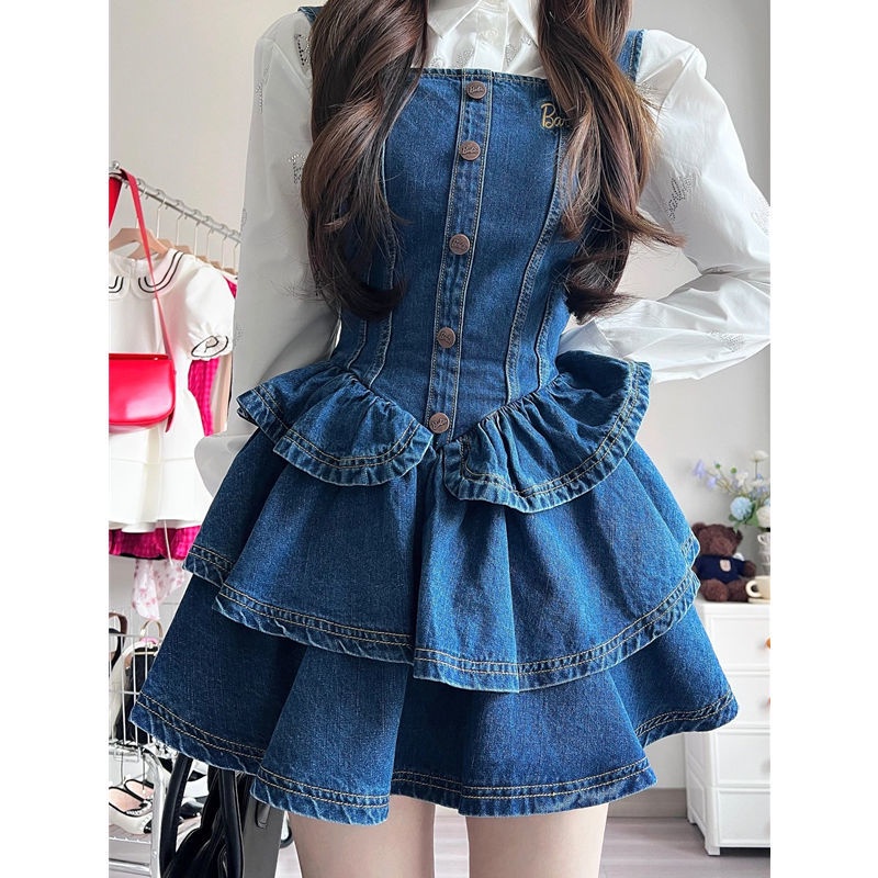 Đầm Denim Hai Dây Dáng Ôm Phong Cách Retro Thời Trang Mùa Thu Dành Cho Nữ