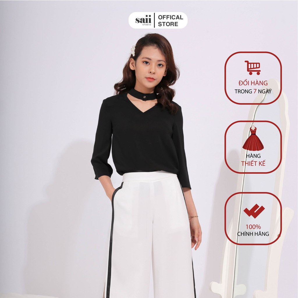 Áo Sơ Mi Nữ 🍀 FREESHIP 🍀 Áo Sơ Mi Công Sở Áo Sơ Mi Đen Cổ V Hàng Thiết Kế AO310