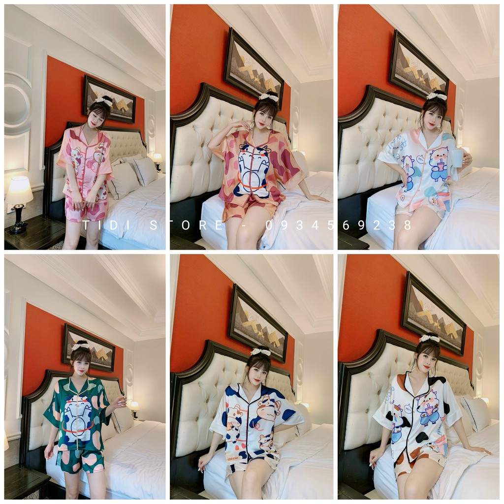 Đồ ngủ nữ pyjama BỘ BÒ SỮA cute -bộ ngủ lụa, tay dơi, ngắn lửng, quần sooc có túi,lụa latin, mềm mịn mát [VIDEO]