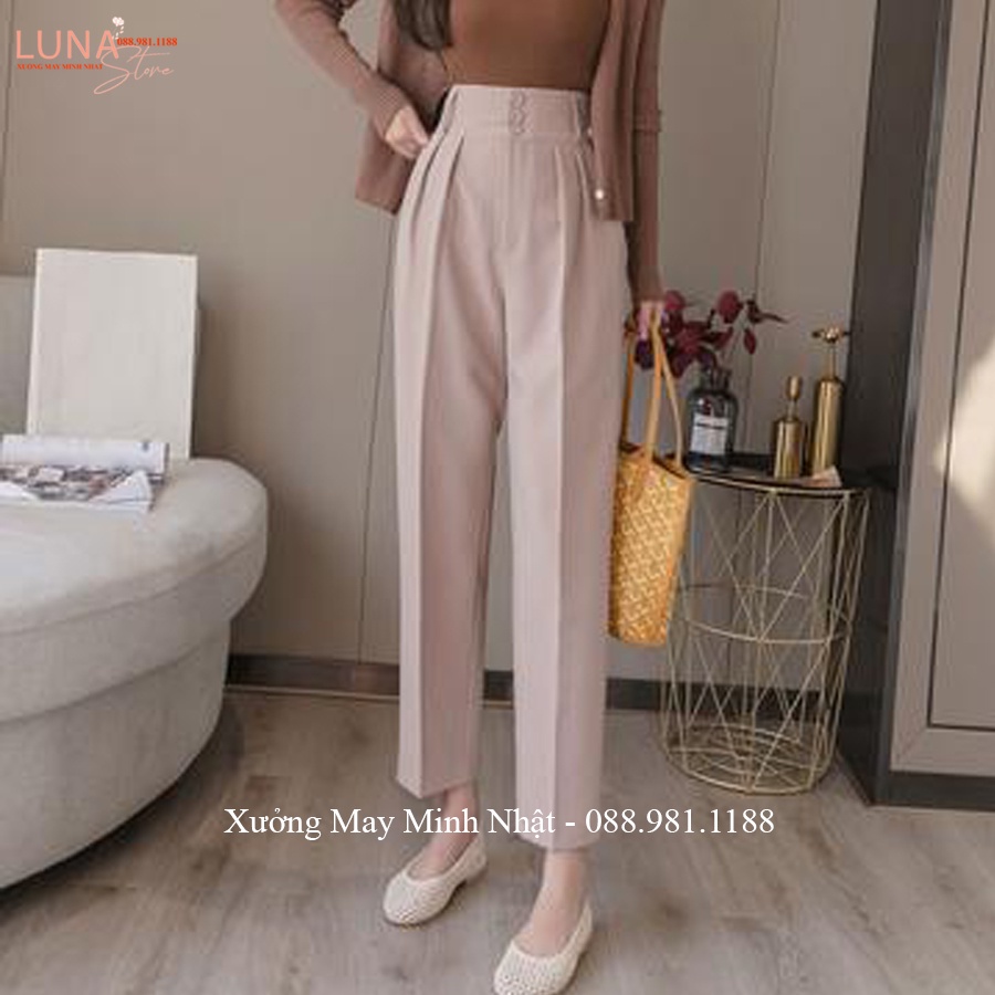 Quần baggy cạp cao nữ bản to 3 cúc xếp ly form rộng vừa kiểu quần tây lưng cao ống suông đứng màu Đen Kem đi học công sở