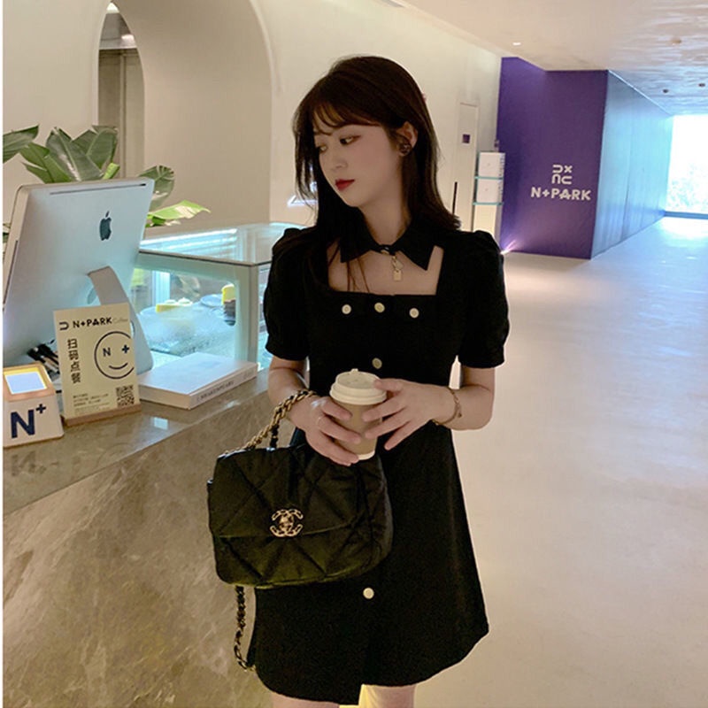 AMOI Đầm Đen Tay Phồng Ôm Eo Thời Trang Cho Nữ