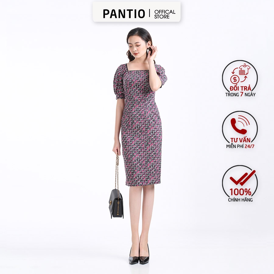 Đầm dạo phố tay ngắn cổ vuông pha hoạ tiết FDP52410 - PANTIO