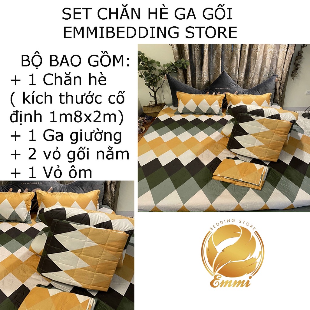 Set ga gối chăn hè chần bông Cotton 5 món Emmibedding Store, mẫu Kẻ sóng vàng mền cotton họa tiết đáng yêu