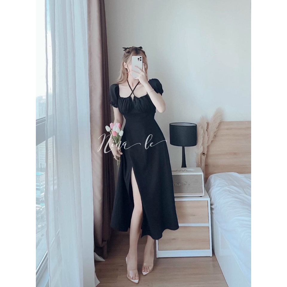 Đầm tiểu thư,đầm trễ vai cổ yếm xẻ tà dáng dài ôm eo,nhún ngực mặc 2 kiểu đi tiệc sang chảnh