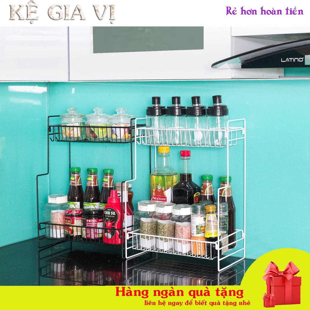Kệ gia vị 2 tầng để đồ dùng nhà bếp, có móc treo cài sườn tiện lợi, giá sốc khuyến mãi
