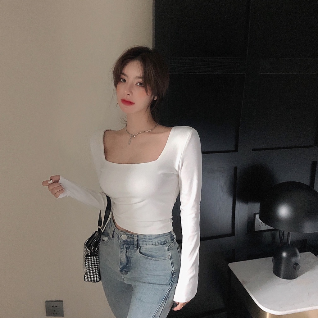 Áo thun COZOK tay dài cổ vuông dáng ôm thời trang quyến rũ cho nữ