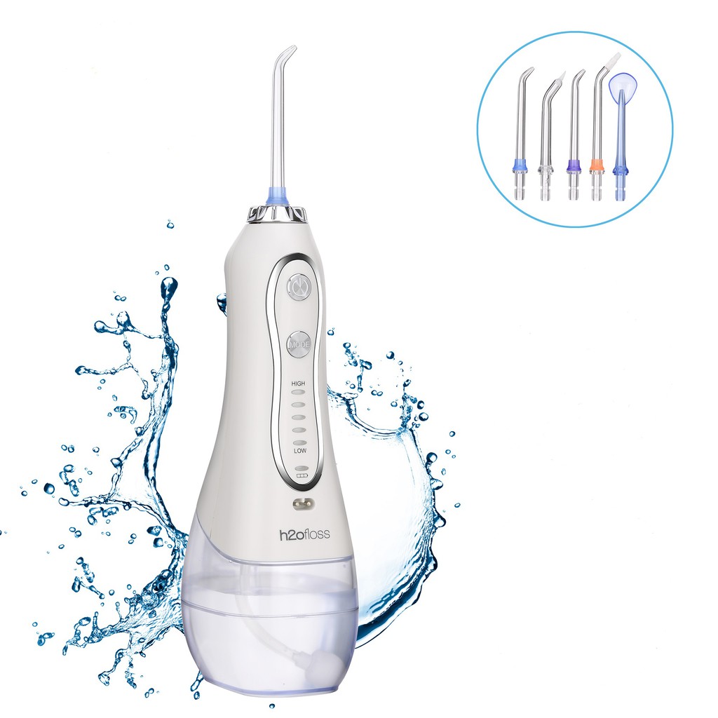 Máy tăm nước H2OFLOSS HF-6P , Tăm nước du lịch cầm tay kèm túi và 5 đầu xịt H2OFLOSS