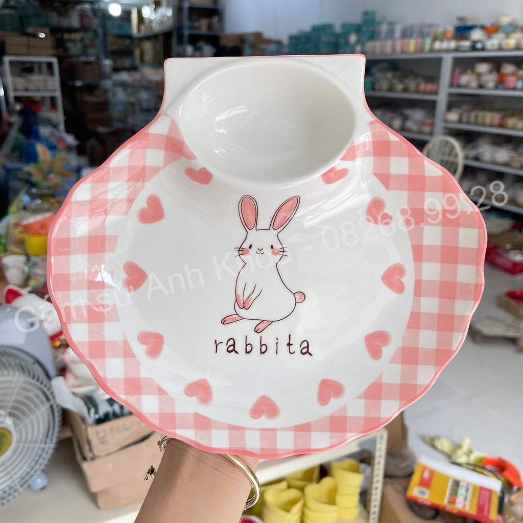 Chén Dĩa Dễ Thương Đĩa Sứ Tổng hợp Bộ Bát đĩa Thỏ hồng caro Decor Bát Ăn Cơm xinh yêu.