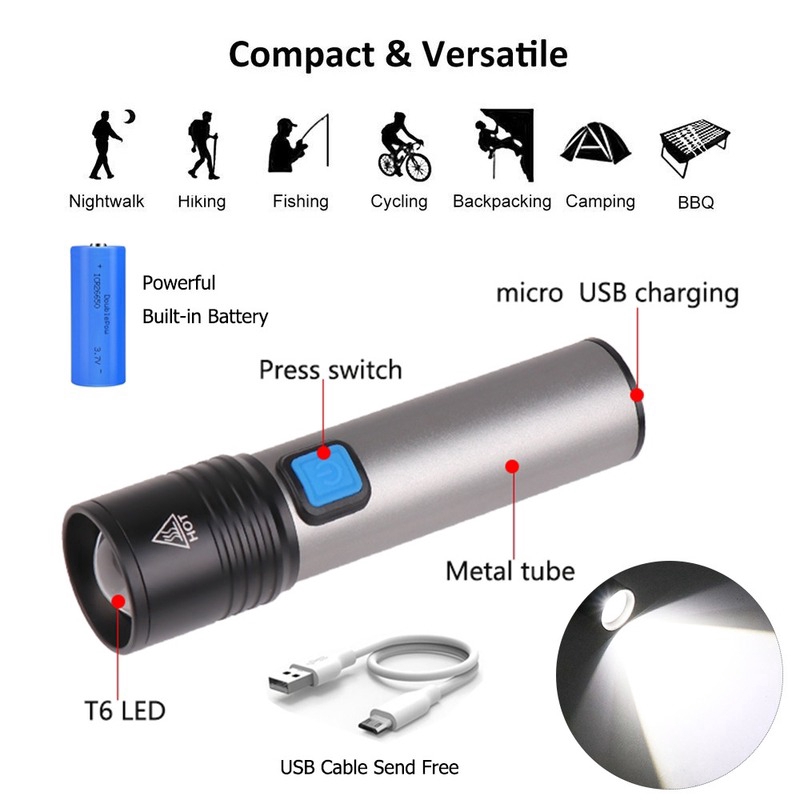 Đèn LED 3000LM T6 Đèn Pin USB Có Thể Sạc Lại Không Thấm Nước Có Thể Phóng To Pin Tích Hợp