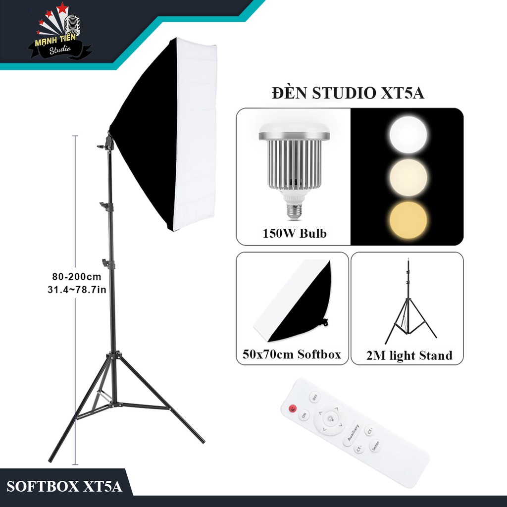Bộ đèn studio XT5A có remote - Kèm Softbox 50x70cm, chân đèn 2m, bóng led Bulb 150W- Kit Studio công suất cao, đổi 3 màu