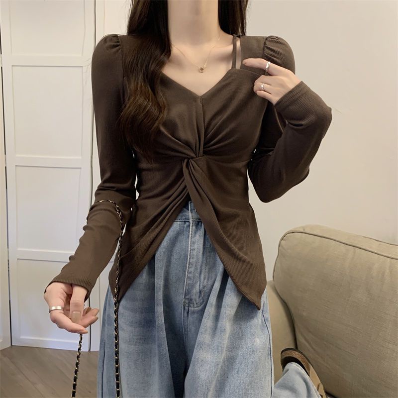 Áo kiểu COZOKC tay dài thắt nút hở vai thời trang dành cho nữ