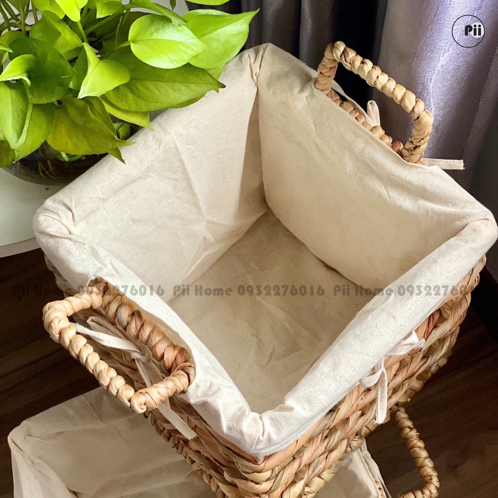 Sọt Lục Bình, Giỏ Lục Bình Vuông Đựng Đồ Đa Năng Đan Thưa Pii Home - Kèm Lót Vải Tiện Dụng