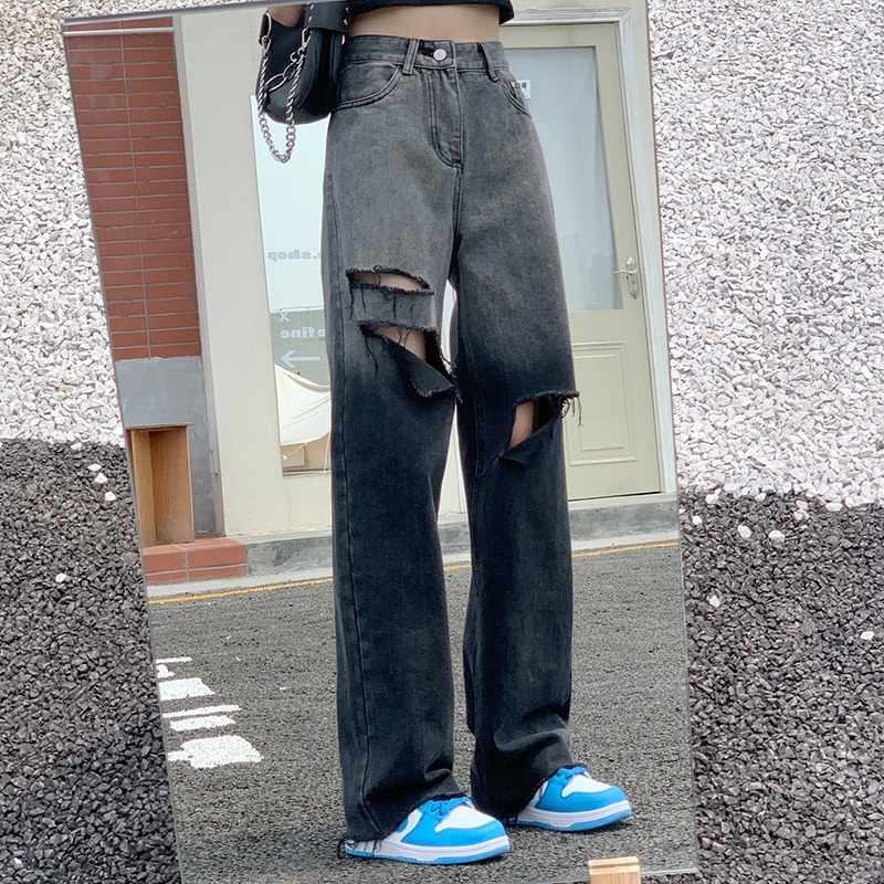 Quần Jeans Dài Rách Gối Thời Trang Dành Cho Nữ