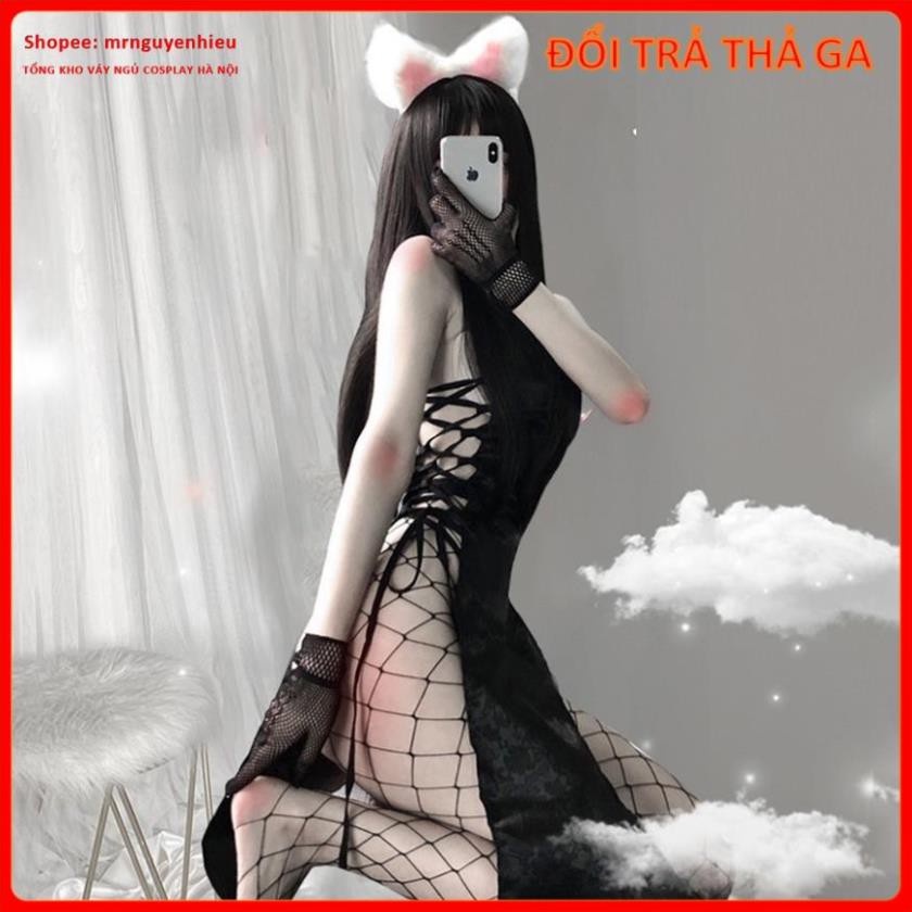 Bộ đồ ngủ cosplay sexy cô gái thượng hải, Sườn xám dáng dài đan dây 2 bên hông siêu gợi cảm - Mã SXD120  - QUIN BEE | BigBuy360 - bigbuy360.vn