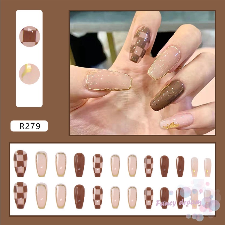 [Hàng mới về] Set 24 móng tay giả màu nâu phong cách Pháp cho nữ