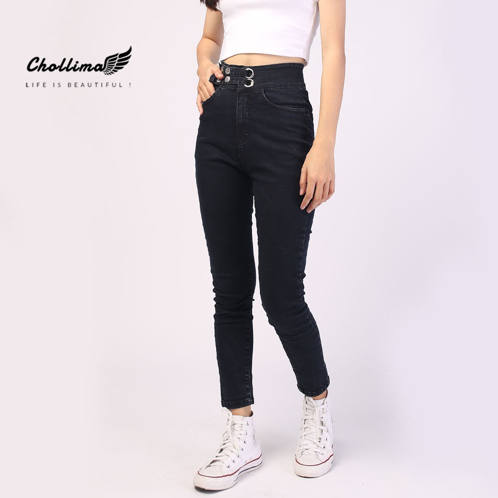 Quần dài jeans nữ co giãn Chollima cạp siêu cao 2 khoen màu đen QD002  – quần bò nữ cạp siêu cao