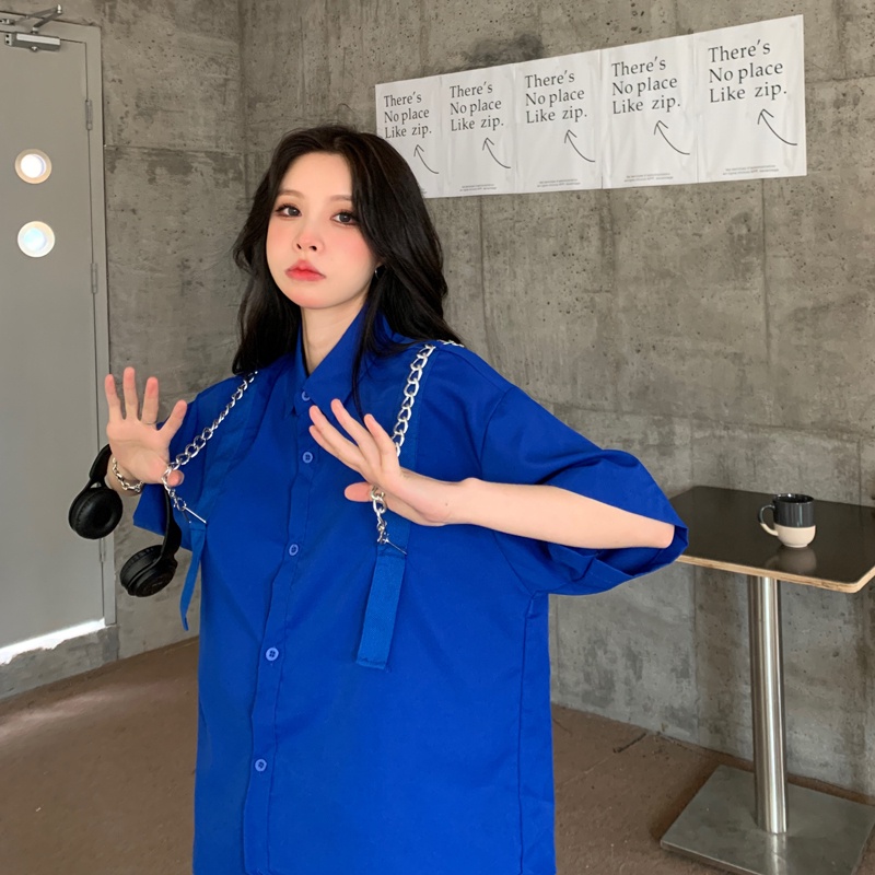 【ZHELIHANGFEI】Áo Sơ Mi Tay Dài Dáng Rộng Màu Xanh Klein Dễ Phối Đồ