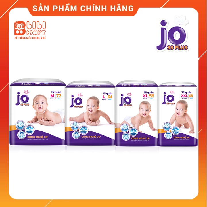 Bỉm JO Quần 3S Plus size M72, L64, XL56, XXL48, công nghệ hoàn toàn mới, giúp giảm tiếp xúc da bé, chống xô lệch.