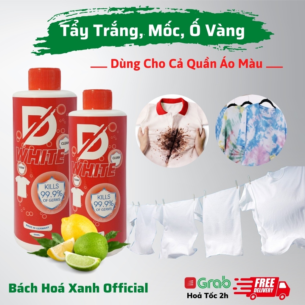 D white Tẩy Trắng, Tẩy Mốc, Tẩy Ố Vàng Quần Áo - Dùng Cho Cả Vải Trắng Và Màu (500ml)