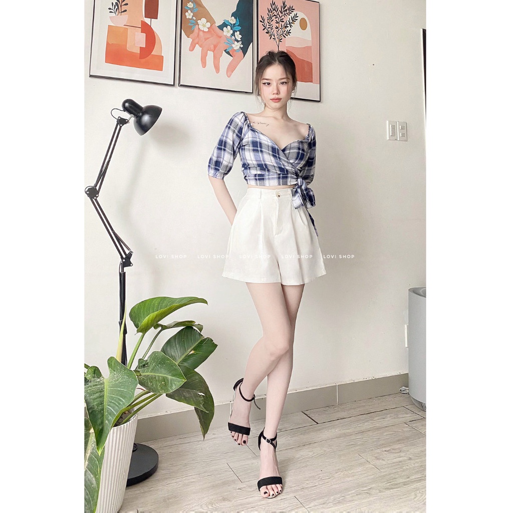 Áo caro đắp chéo cột nơ 2 màu caro Xanh- Đen Lovi