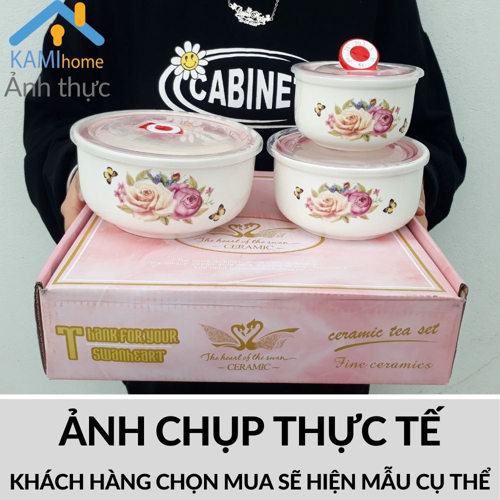 Hộp đựng cơm văn phòng gồm 3 bát Sứ chịu nhiệt-Nắp chống tràn bảo quản thực phẩm mã 20020