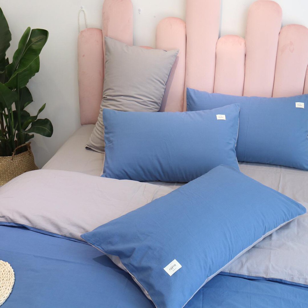 Chăn Ga Cotton Tici LIDACO - Xanh Trời Ga Xám