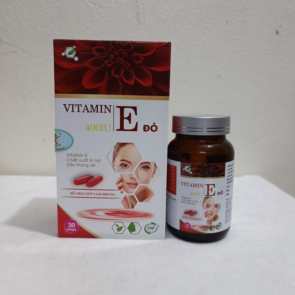 Vitamin E đỏ E400 IU Viên Uống Đẹp Da Chiết Xuất Lô Hội, Dầu Hạnh Nhân, Thông Đỏ, hoa anh thảo, dầu gâc - Hộp 30 Viên