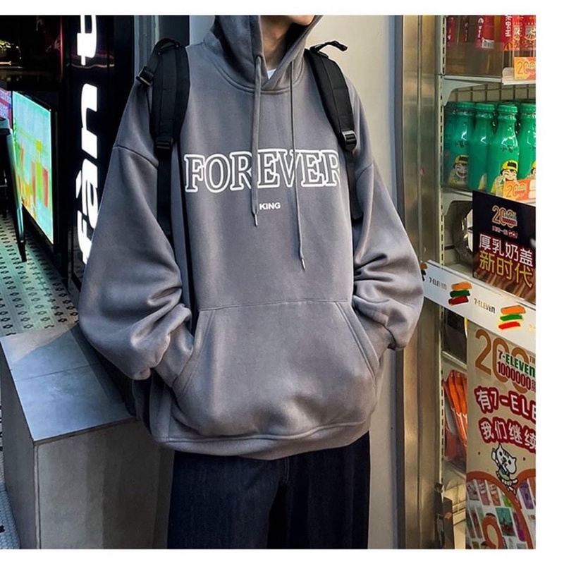 Áo Hoodie Unisex Nỉ Bông FOREVER Xám Khói Tay Dài Túi Bụng