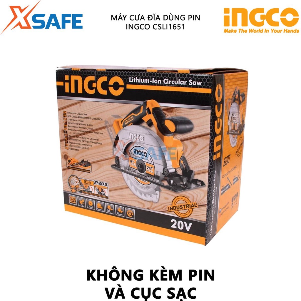 Máy cưa gỗ cầm tay dùng pin 20V INGCO CSLI1651 Máy cưa đĩa đường kính 165mm, tốc độ 3800rpm, khả năng cắt tối đa 55mm