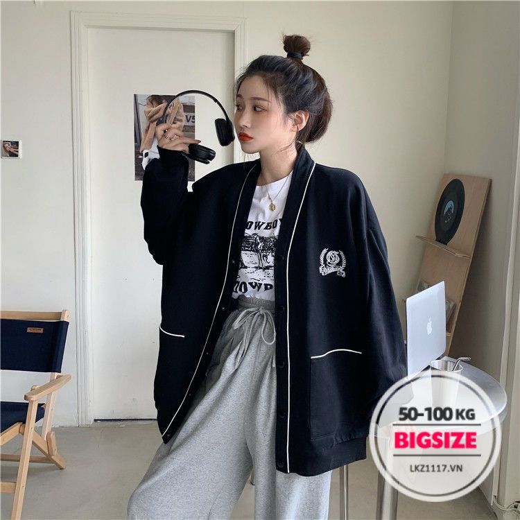 Áo nỉ khoác Bigsize Áo cardigan nữ dáng suông tay dài cổ đứng thiết kế khoá kéo đen mùa thu Phong cách Hàn Quốc Thời Trang cá tính xinh đẹp cho người mập béo nữ