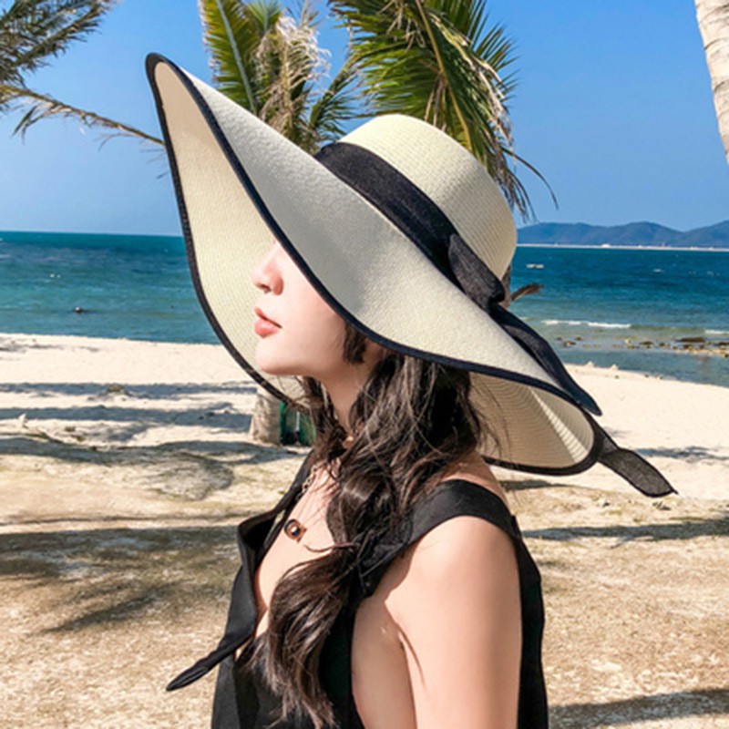 Mũ Cói Rộng Vành Phối Dây Đen P1786