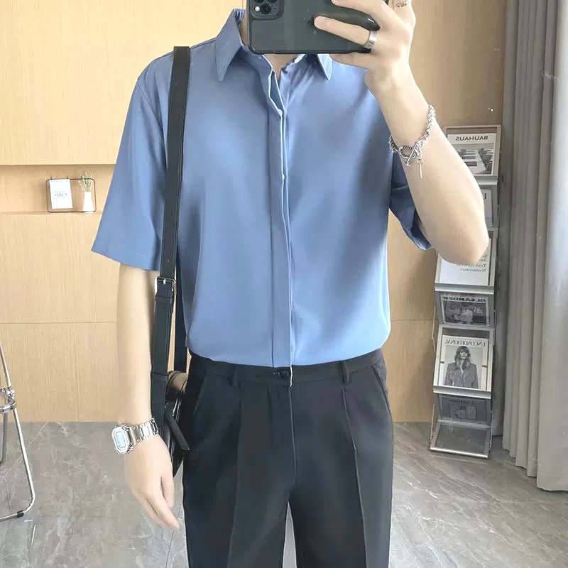 Áo sơ mi rộng tay ngắn unisex nam nữ GIẤU NÚT chuẩn form Hàn Quốc vải lụa mềm mịn mát 40-90kg MRN02