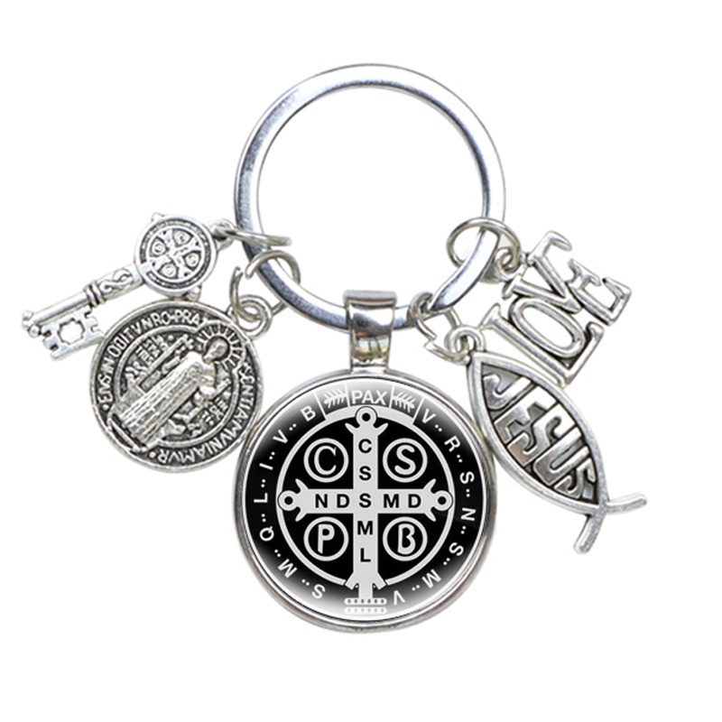 Saint Benedict Medallion Móc Chìa Khóa Thủ Công Mặt Kính In Hình Chúa JESUS Nghệ Thuật Làm Quà Tặng