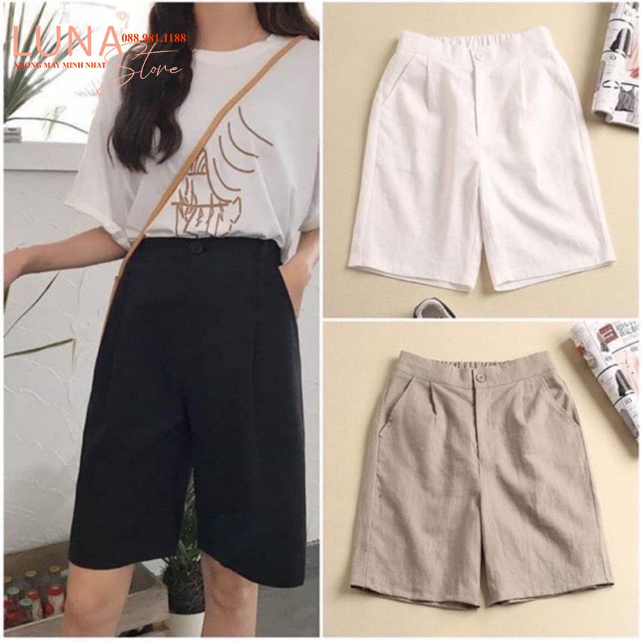 Quần đùi đũi nữ ống rộng cạp chun lưng thun khóa kéo - Màu Đen Trắng Be - Chất vải đũi - Mặc ở nhà đi biển chạy thể thao