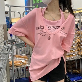 Phong Cách Mới Hot Girl Dây Cổ Ngắn Áo Thun Nữ Tay Ngắn In Hình Bộ Hai Mảnh