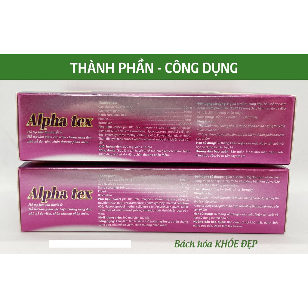 Viên uống Alpha Tex giảm sưng đau phù nề, huyết ứ do viêm, chấn thương phần mềm - Hộp 30 viên