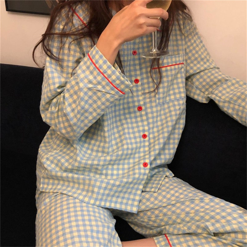 Đồ bộ ngủ pyjama caro vải lụa dài tay thời trang thu đông phong cách Hàn Quốc/Nhật Bản cho nữ