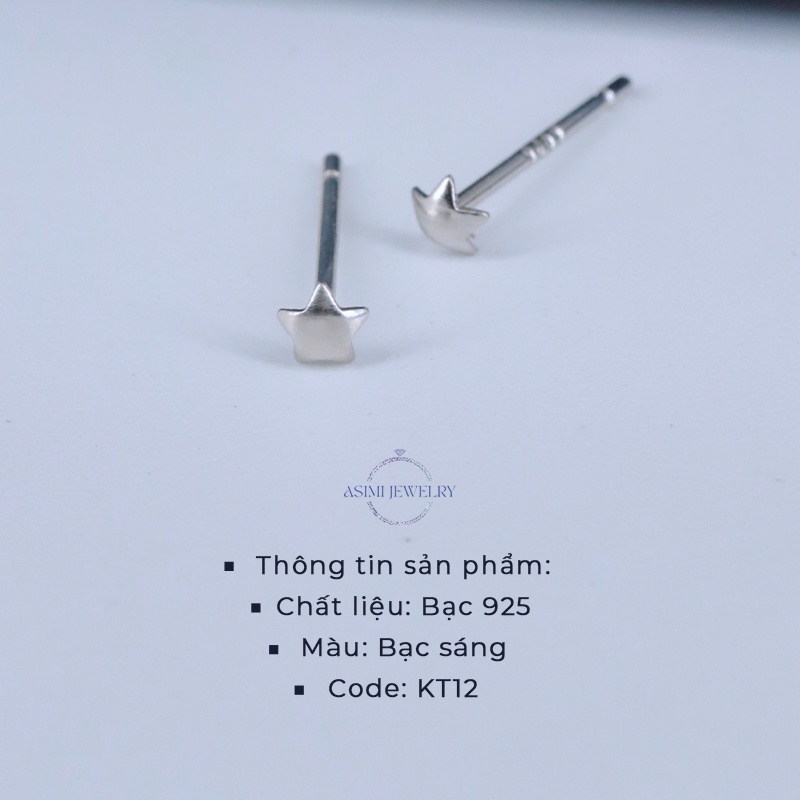 Đôi bông tai bạc Ý S925 mặt ngôi sao trơn Asimi, bông tai bạc nữ mặt ngôi sao nhỏ đơn giản cute Star One KT12