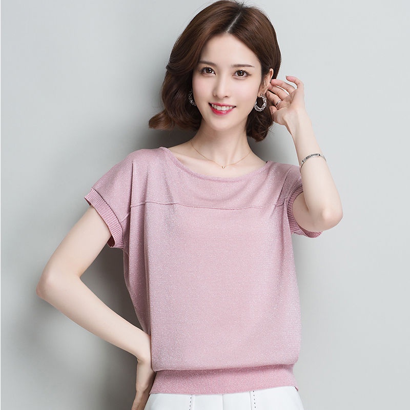 Large size loose 2022 summer new bat sleeve bright silk sweater short sleeve t-shirt for women