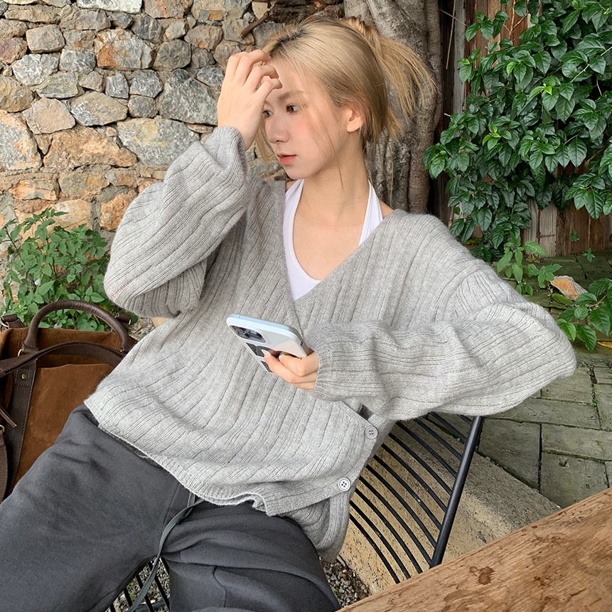 【ZHELIHANGFEI】Áo Cardigan Dệt Kim Tay Dài Cổ Chữ V Dáng Rộng Phong Cách Preppy Dễ Phối Đồ