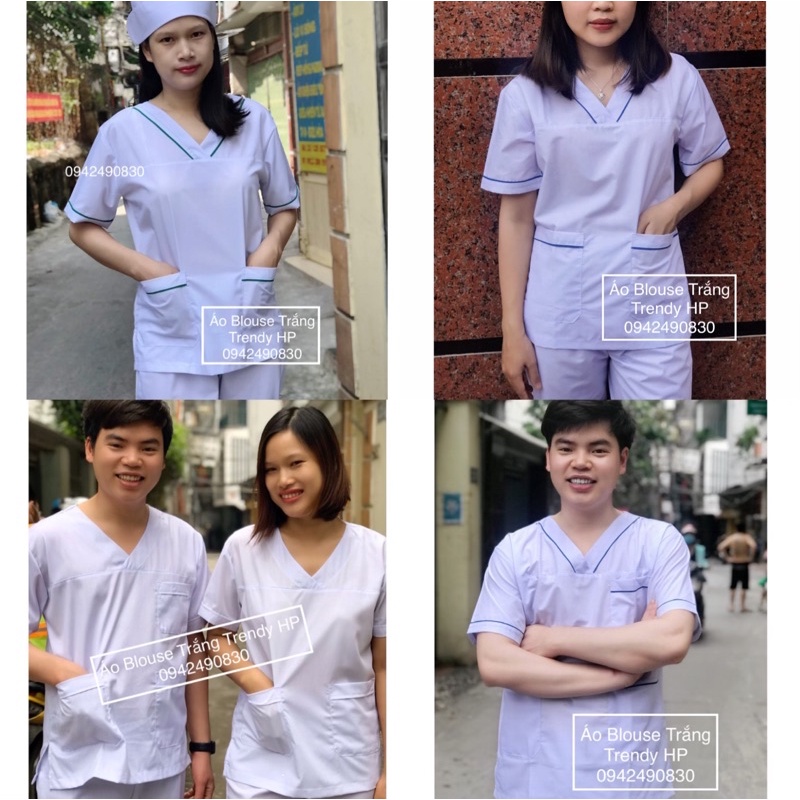 Áo blouse trắng cổ tim điều dưỡng, hộ lý, y tá, dược sỹ nam nữ - áo blu trắng cổ chui chữ V đồng phục thẩm mỹ viện, spa