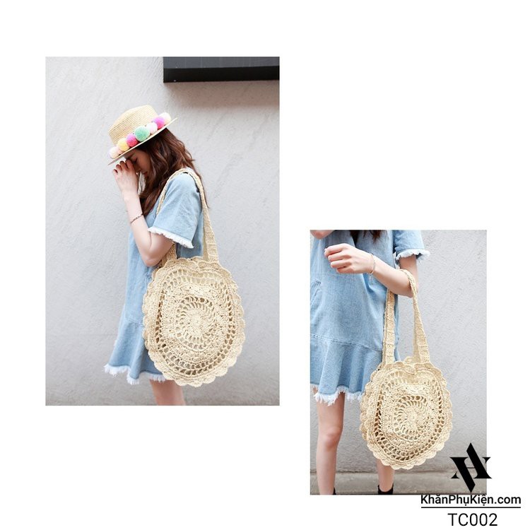 [NowShip - Giao Ngay] Túi Cói Boho Vintage Đeo Vai Hình Tròn Họa Tiết Màu Nâu Trơn