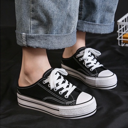 Sục Thể Thao Nữ Ulzzang Vintage, Giày Đạp Gót Vải Canvas Trơn 2 Màu Đế Độn 4cm Hàn Quốc, Street Style - Iclassy_shoes