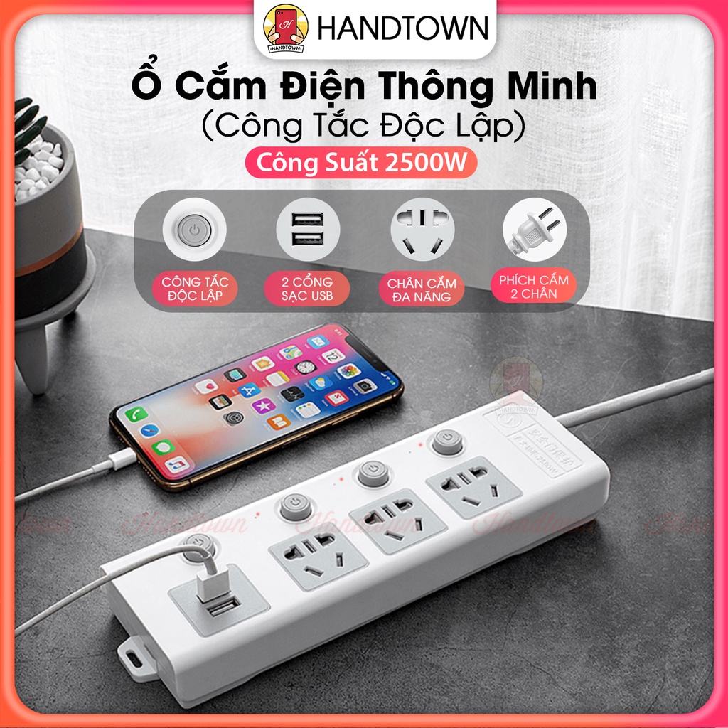 Ổ Cắm Điện Thông Minh 4 Cổng 2500W 2 Cổng Usb Độc Lập Tự Động Dài 1.8m An Toàn Tiết Kiệm Điện Năng Handtown