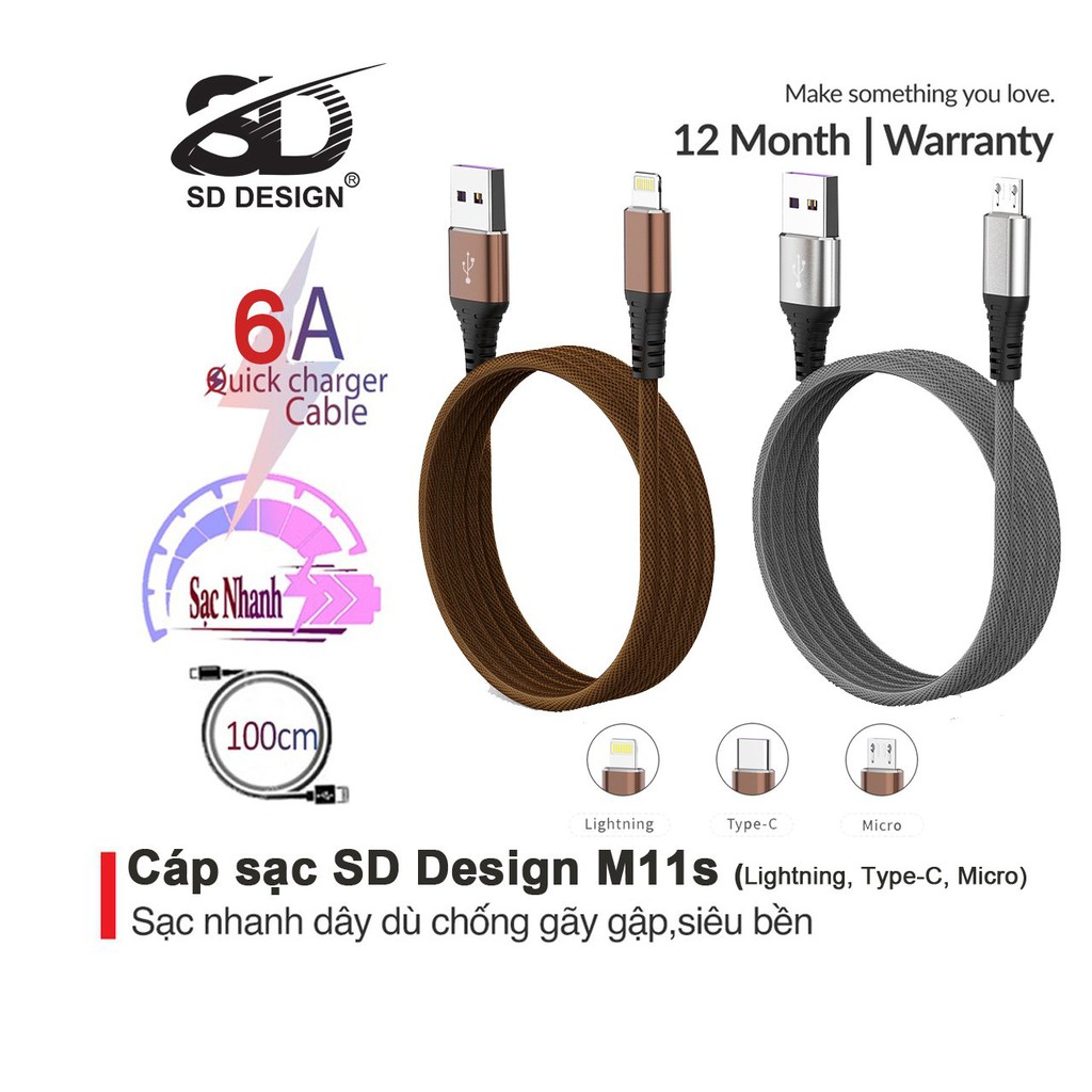 Cáp sạc dây dù chính hãng SD DESIGN M11s sạc siêu nhanh, siêu bền