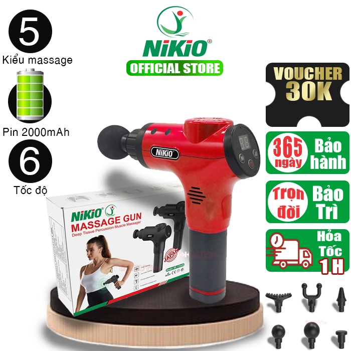 Súng massage cầm tay Nhật Bản Nikio NK-170B - 6 đầu, 5 chế độ mát xa - Màu Đỏ