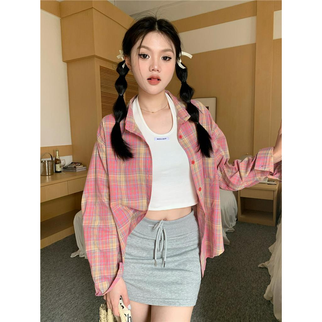 Lalisas Set Áo Sơ Mi Tay Dài Dáng Rộng Kẻ Sọc Caro + Áo Dây Treo Cổ Không Tay Cho Nữ (Đặt Hàng Riêng Biệt)