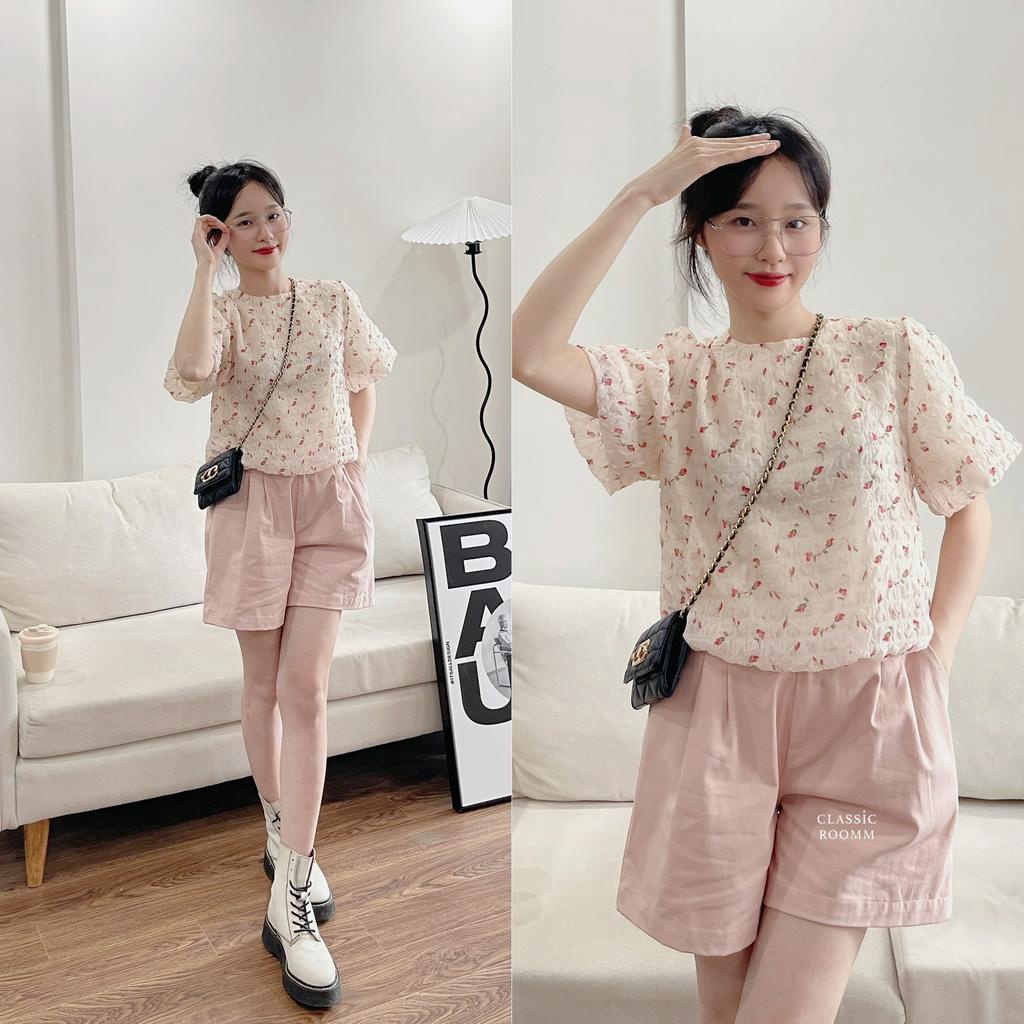 Áo voan hoa nhí tay bồng 2 lớp  vải voan nhún tiểu thư siêu xinh  - Aries Official