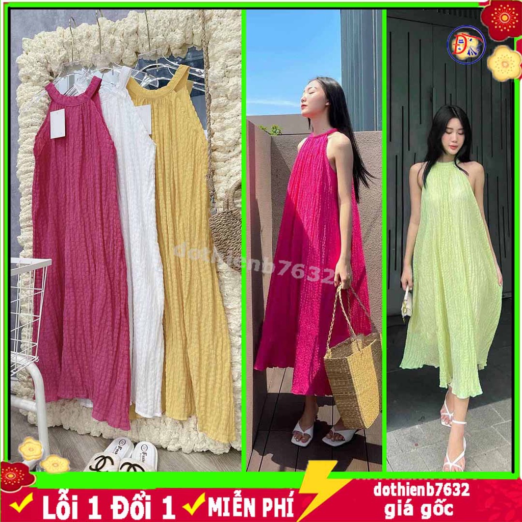 Đầm maxi cổ yếm khóa lệ dáng dài hottrend Váy chất đũi xốp 4 màu siêu mát M01