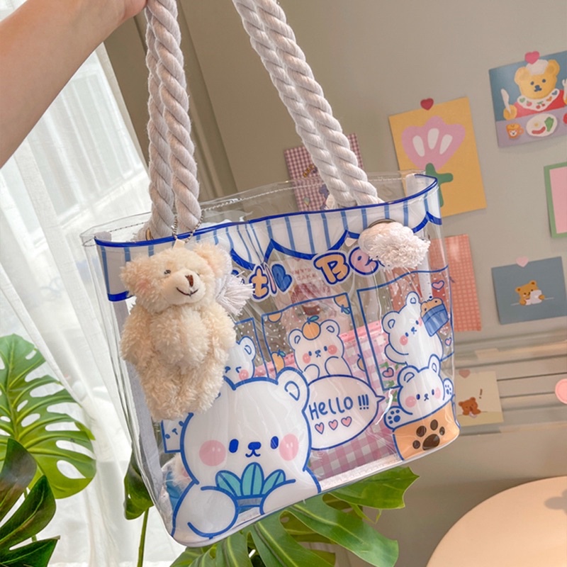 Túi tote bag trong suốt hoạ tiết hoạt hình gấu siêu cưng cho các cô nàng mê phong cách dễ thương